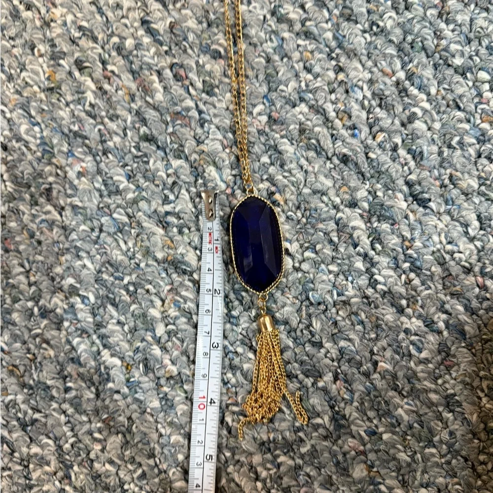Bright Blue/Gold Necklace 30in Long + Pendant and Tassel - Picture 8 of 8